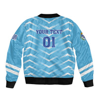 Personalized Uruguay 2024 football bomber jacket, light blue back with YOUR TEXT and 01