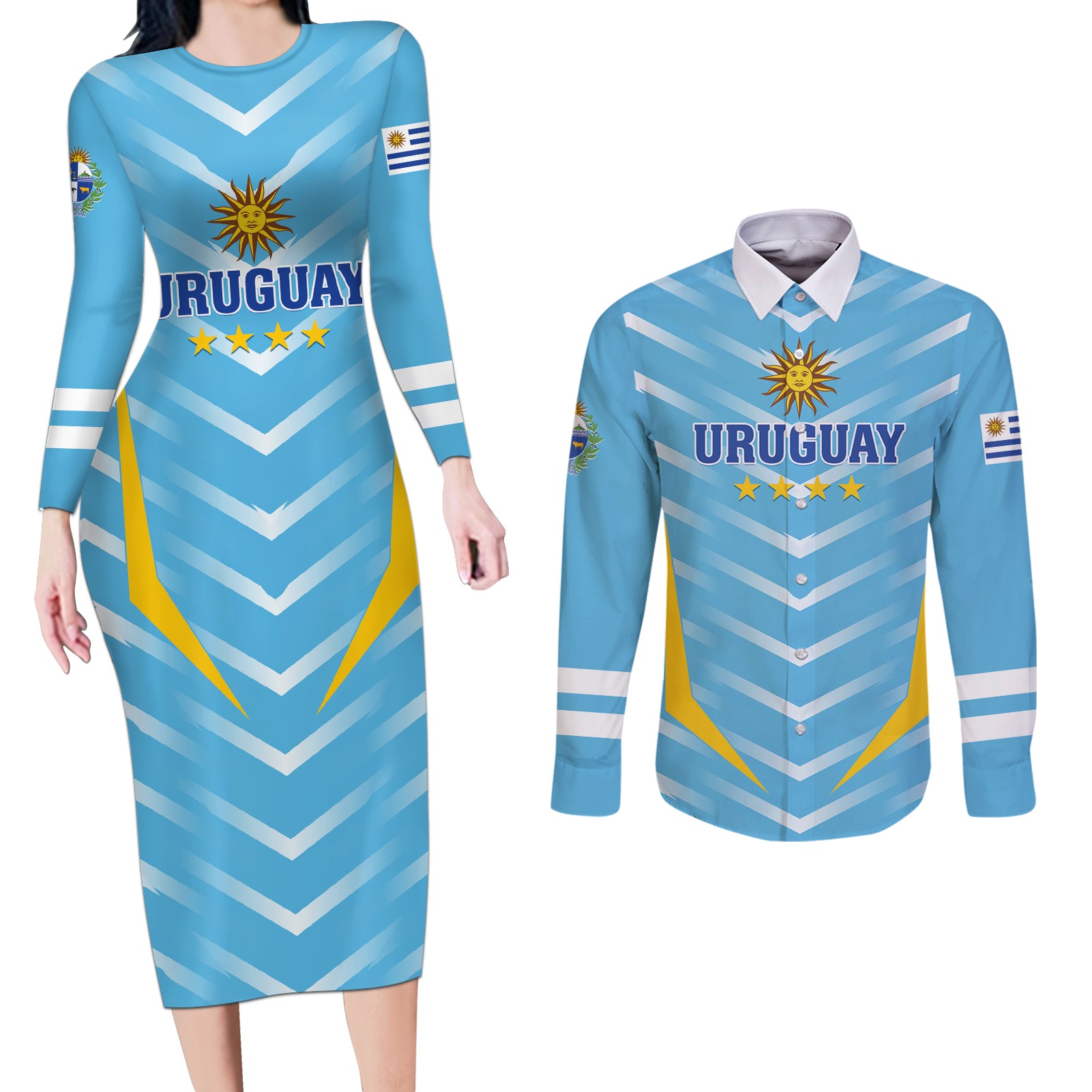 Personalized Uruguay 2024 Football Couples Matching Long Sleeve Bodycon Dress and Long Sleeve Button Shirt Come On La Celeste - Wonder Print Shop