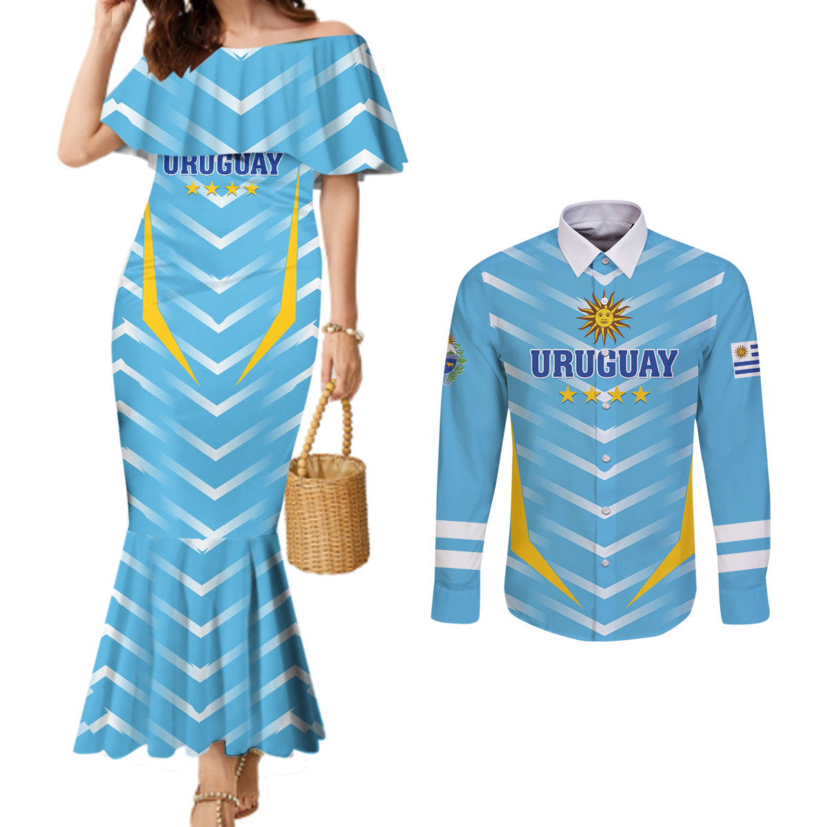 Personalized Uruguay 2024 Football Couples Matching Mermaid Dress and Long Sleeve Button Shirt Come On La Celeste LT01