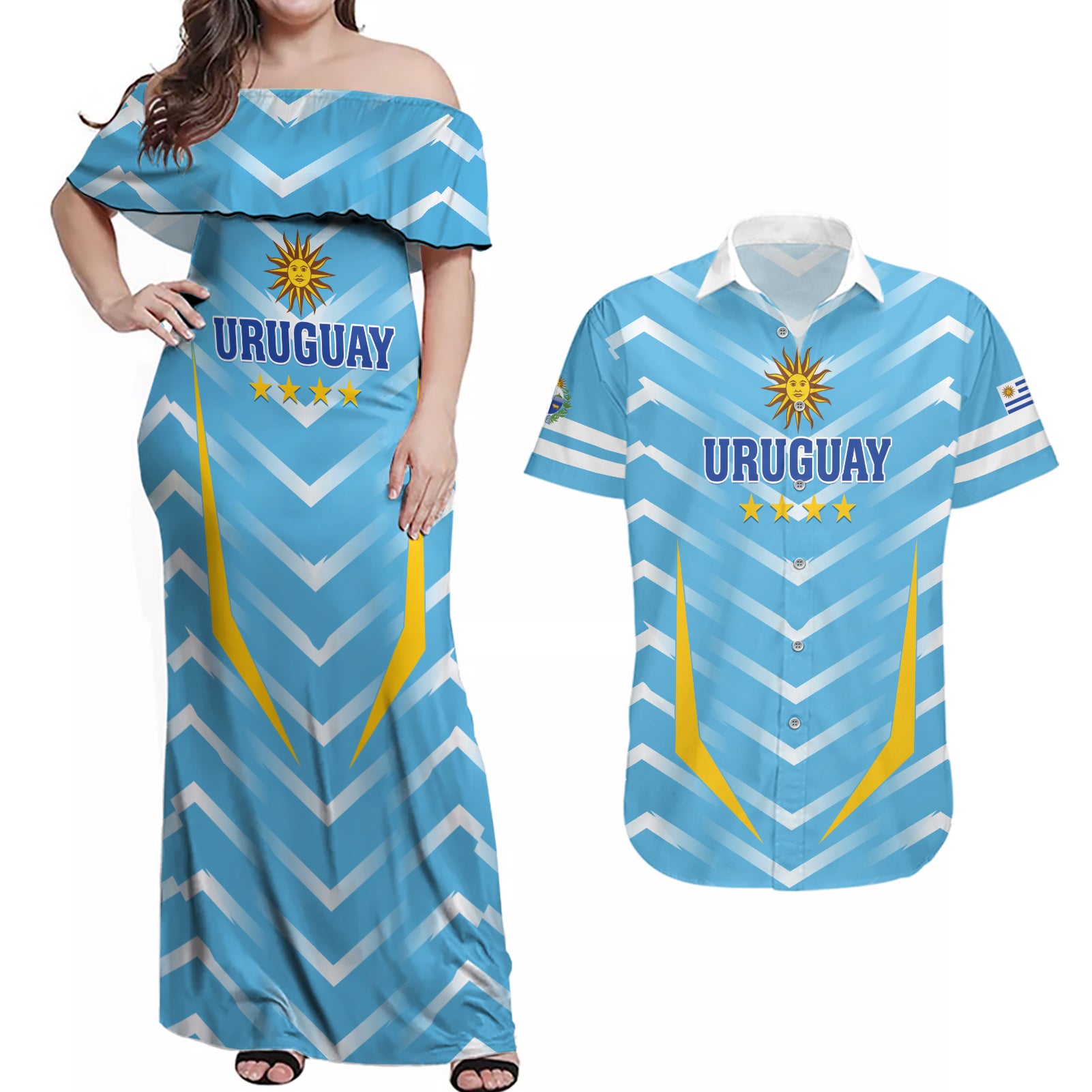 Personalized Uruguay 2024 Football Couples Matching Off Shoulder Maxi Dress and Hawaiian Shirt Come On La Celeste - Wonder Print Shop