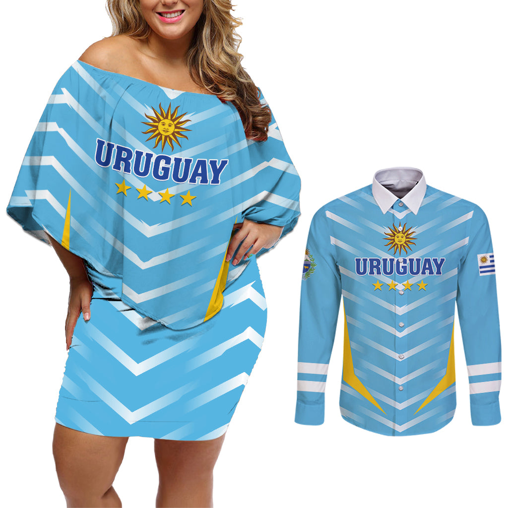 Personalized Uruguay 2024 Football Couples Matching Off Shoulder Short Dress and Long Sleeve Button Shirt Come On La Celeste - Wonder Print Shop