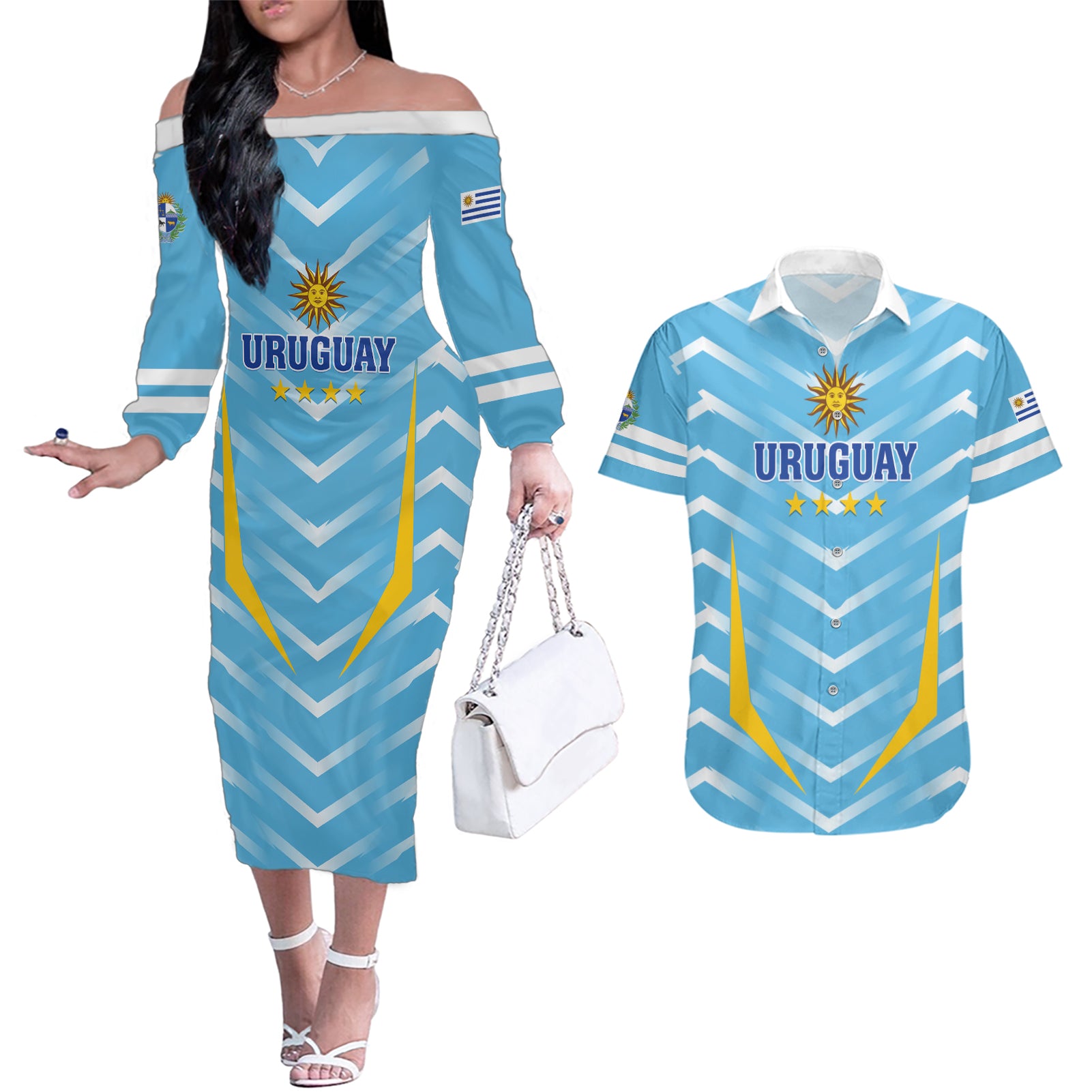 Personalized Uruguay 2024 Football Couples Matching Off The Shoulder Long Sleeve Dress and Hawaiian Shirt Come On La Celeste - Wonder Print Shop