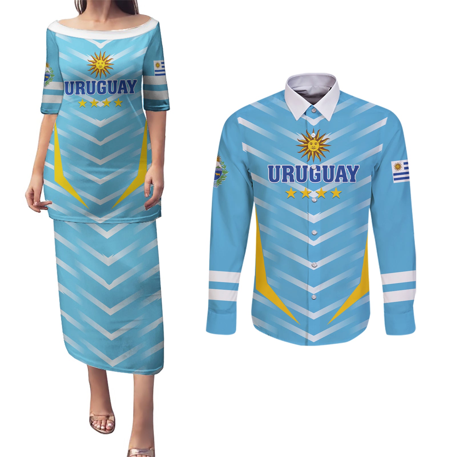 Personalized Uruguay 2024 Football Couples Matching Puletasi and Long Sleeve Button Shirt Come On La Celeste - Wonder Print Shop