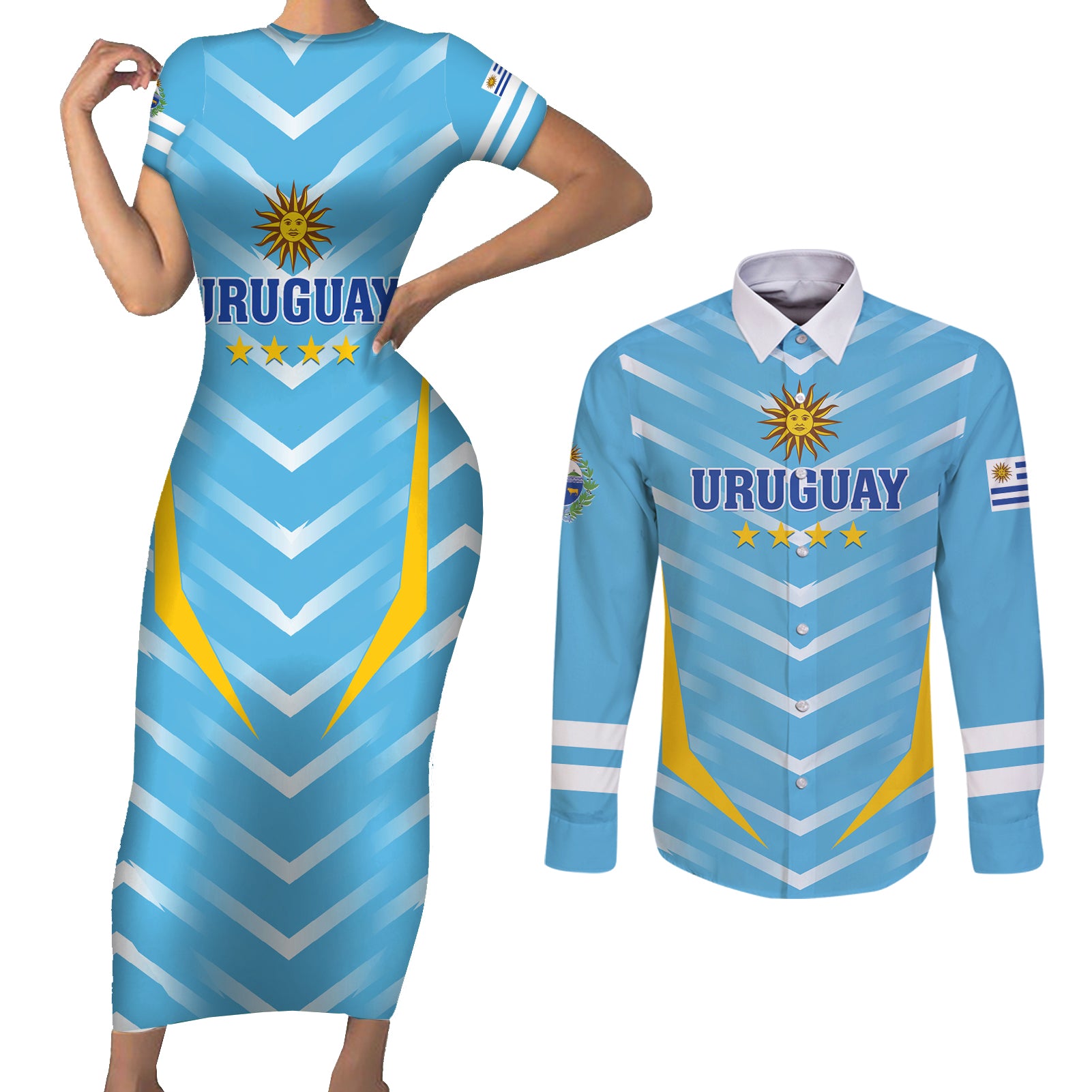 Personalized Uruguay 2024 Football Couples Matching Short Sleeve Bodycon Dress and Long Sleeve Button Shirt Come On La Celeste - Wonder Print Shop