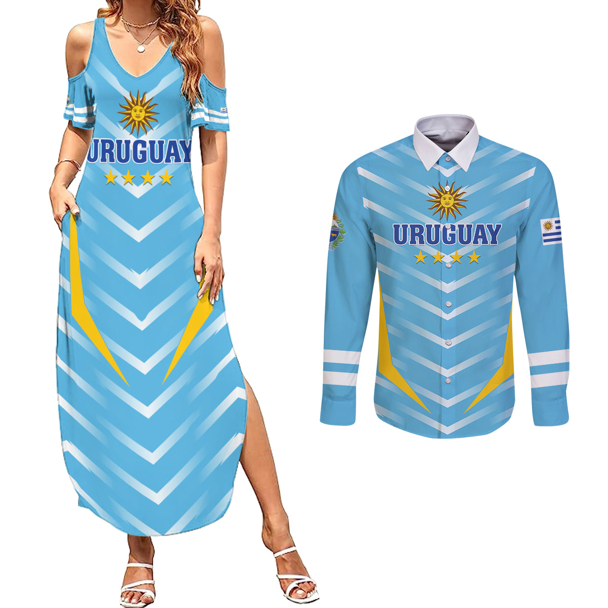 Personalized Uruguay 2024 Football Couples Matching Summer Maxi Dress and Long Sleeve Button Shirt Come On La Celeste - Wonder Print Shop