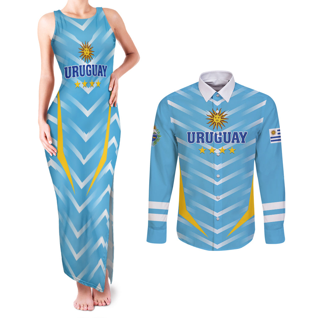 Personalized Uruguay 2024 Football Couples Matching Tank Maxi Dress and Long Sleeve Button Shirt Come On La Celeste - Wonder Print Shop