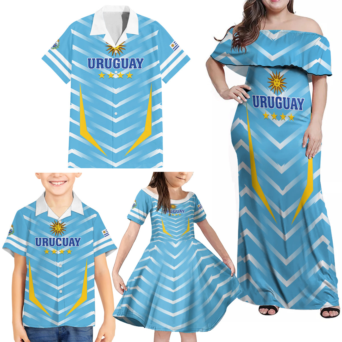 Personalized Uruguay 2024 Football Family Matching Off Shoulder Maxi Dress and Hawaiian Shirt Come On La Celeste - Wonder Print Shop