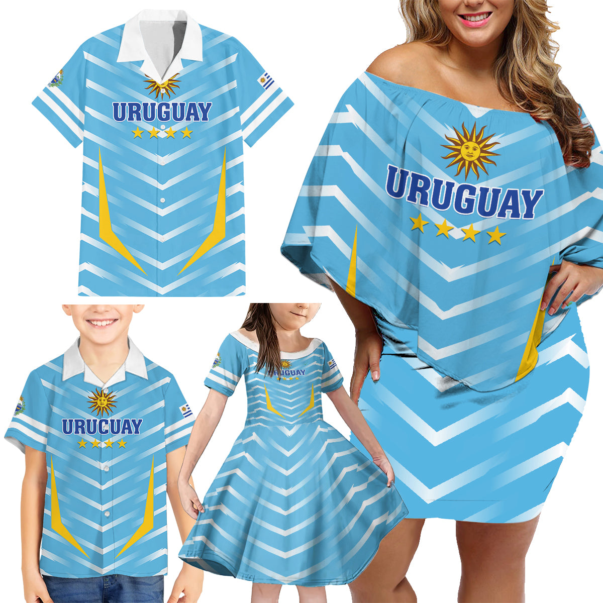 Personalized Uruguay 2024 Football Family Matching Off Shoulder Short Dress and Hawaiian Shirt Come On La Celeste - Wonder Print Shop