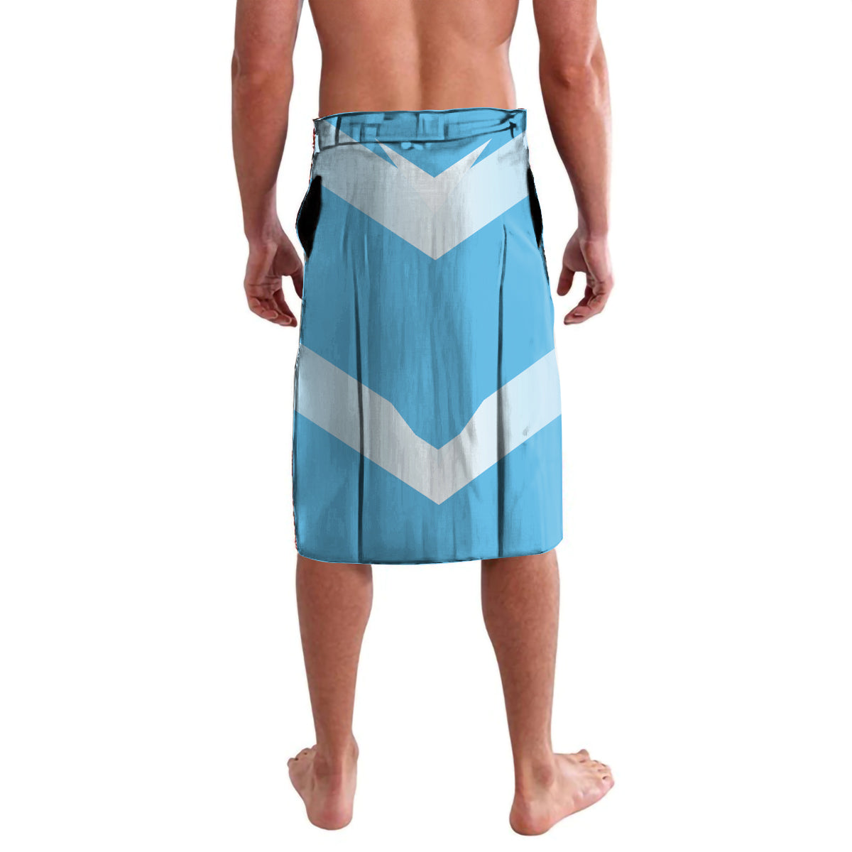 Personalized blue-and-white chevron lavalava, back view with elastic waistband