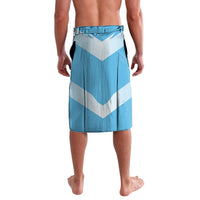 Personalized blue-and-white chevron lavalava, back view with elastic waistband