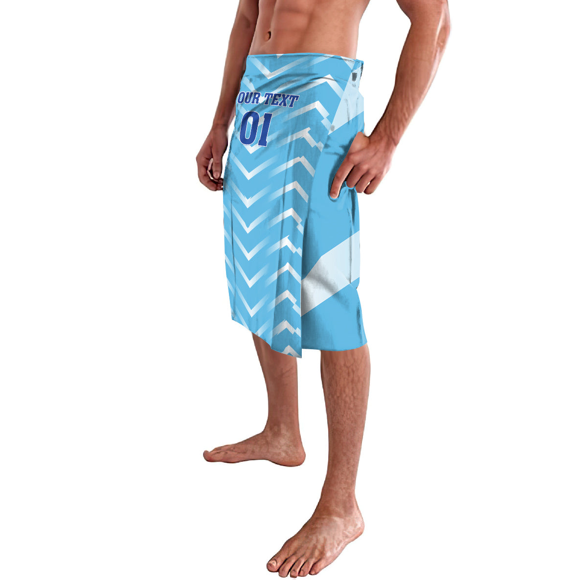 Personalized blue lavalava with white chevrons and “YOUR TEXT 01” front, side angle