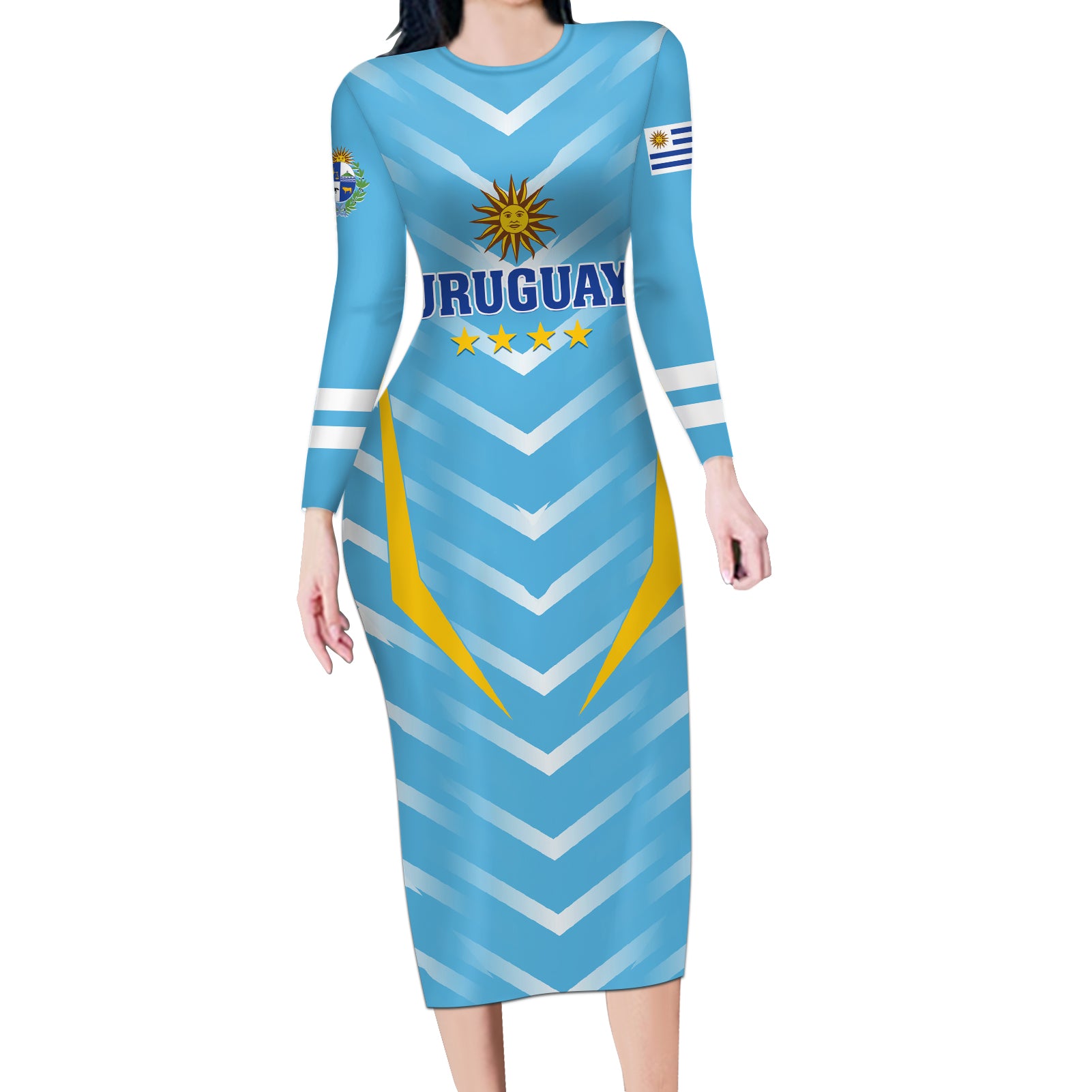 Personalized Uruguay 2024 Football Long Sleeve Bodycon Dress Come On La Celeste - Wonder Print Shop