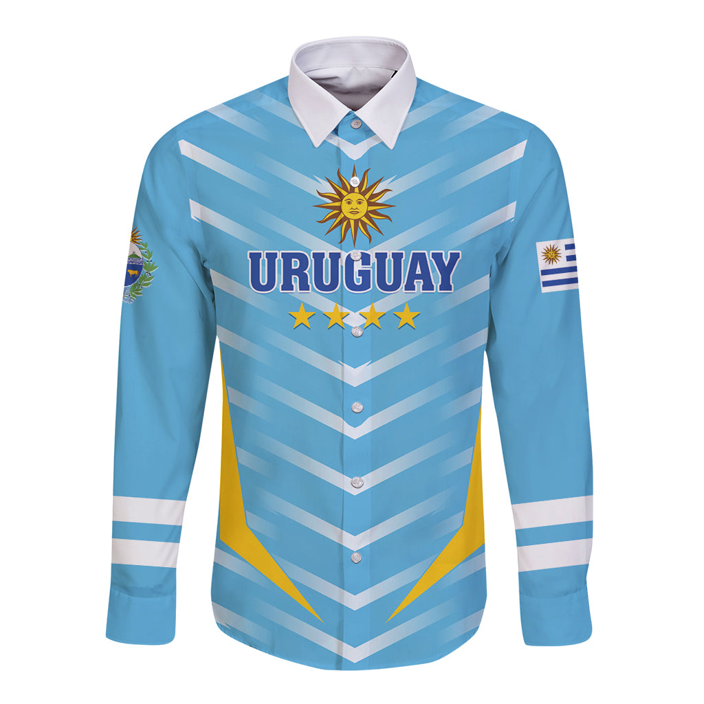 Light blue Uruguay football button-up shirt with chevron stripes and crest, long sleeves