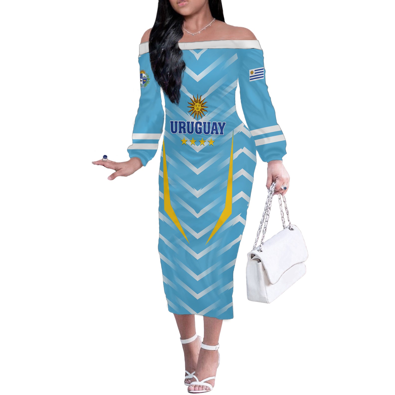 Personalized Uruguay 2024 Football Off The Shoulder Long Sleeve Dress Come On La Celeste - Wonder Print Shop