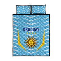 Blue Uruguay 2024 quilt set with two pillows; Uruguay lettering, stars, and sun crest design