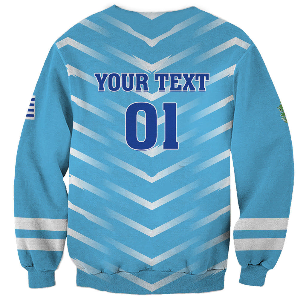 Blue football sweatshirt back with chevron stripes, 'YOUR TEXT' and number 01