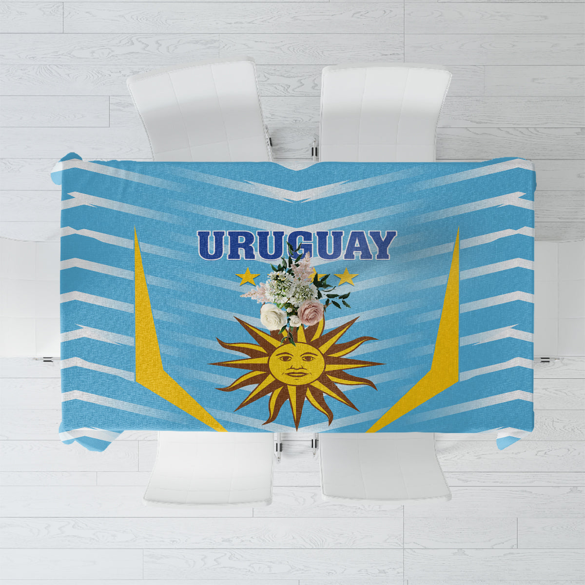 Uruguay-themed football tablecloth, blue field with “URUGUAY” text, sun emblem, flags.