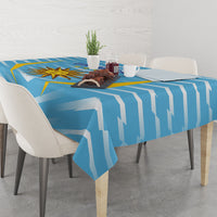 Uruguay-themed football tablecloth, blue geometric stripes with gold sun, star, and flag details.