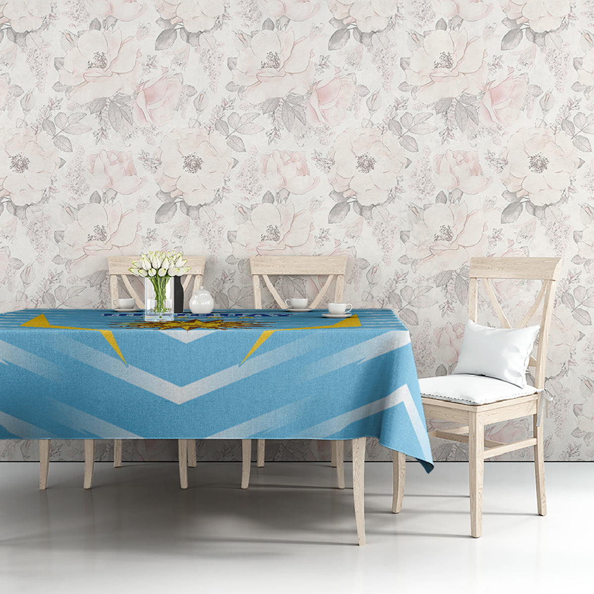 Uruguay-themed football tablecloth, blue chevron stripes with gold sun and star accents.
