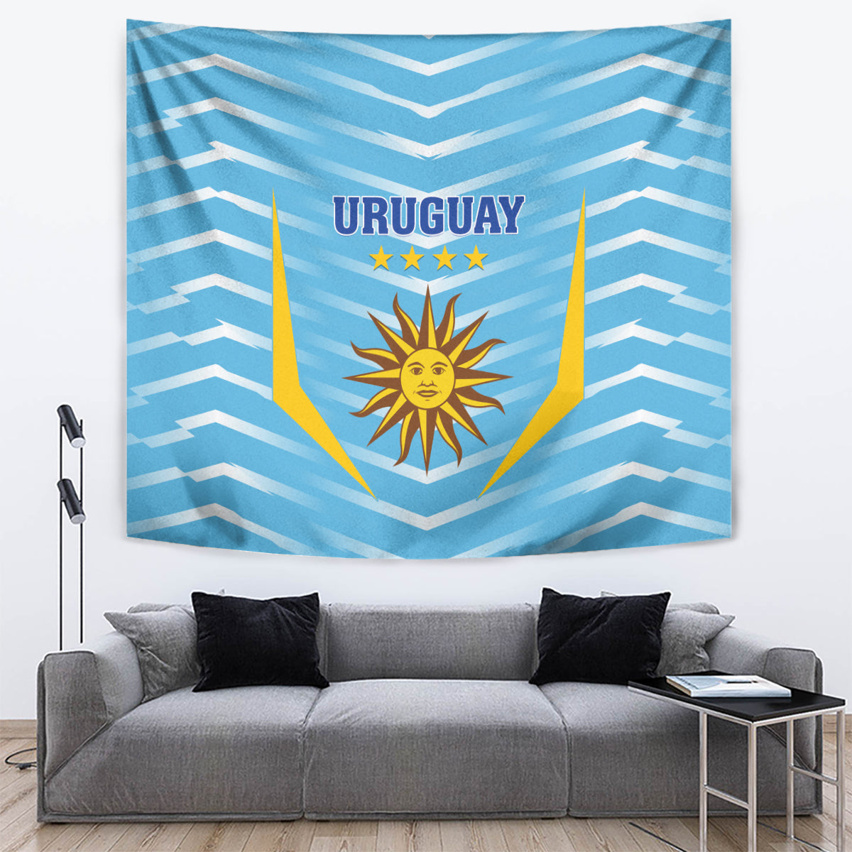 Uruguay blue football tapestry with chevron pattern, 'URUGUAY' text, and sun emblem