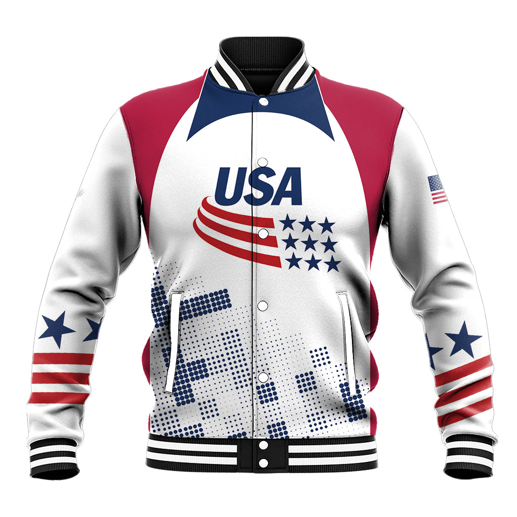 Unisex varsity jacket with USA graphic, white body, red/blue sleeves, striped rib trim