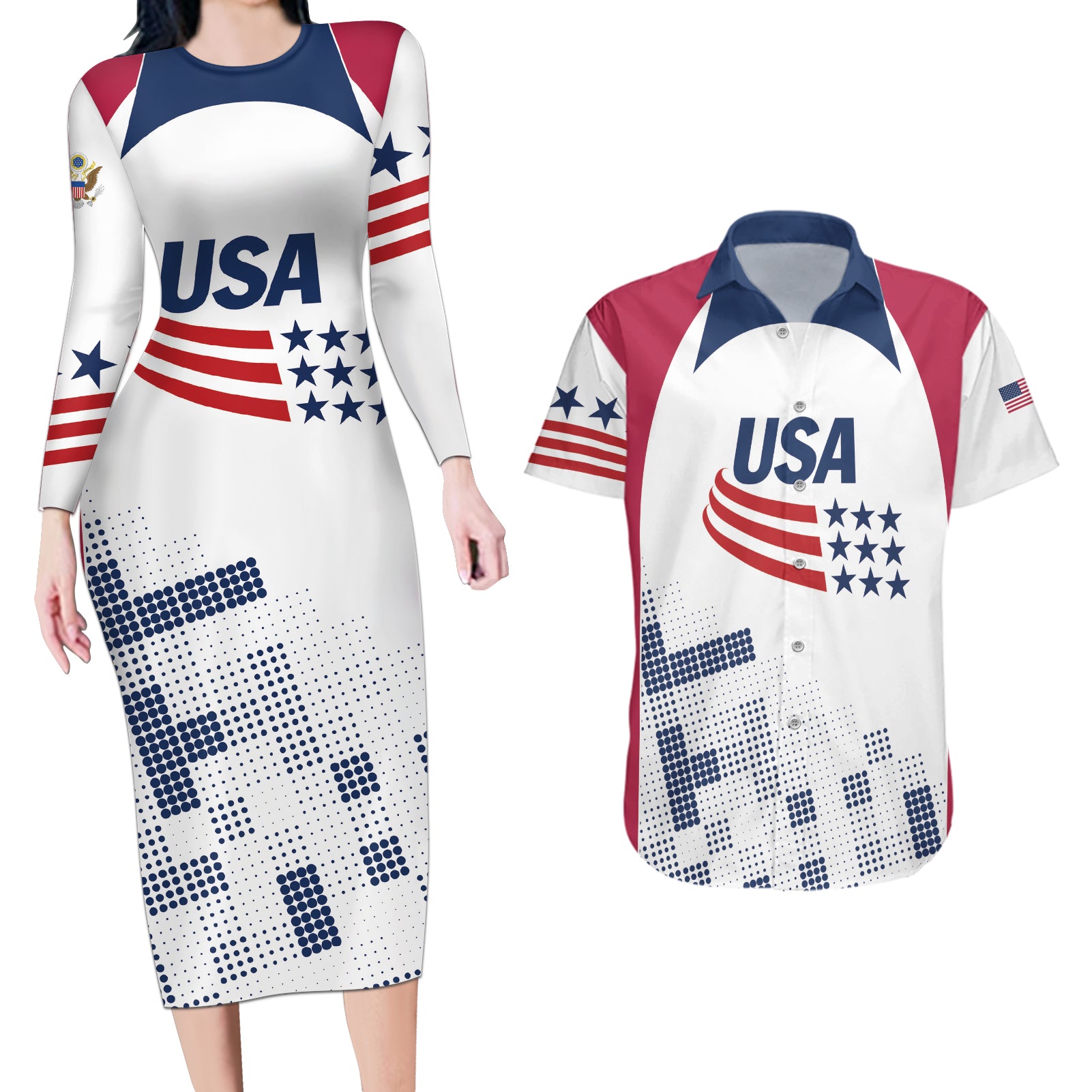 Personalized USA 2024 Soccer Couples Matching Long Sleeve Bodycon Dress and Hawaiian Shirt The Stars and Stripes Go Champion - Wonder Print Shop