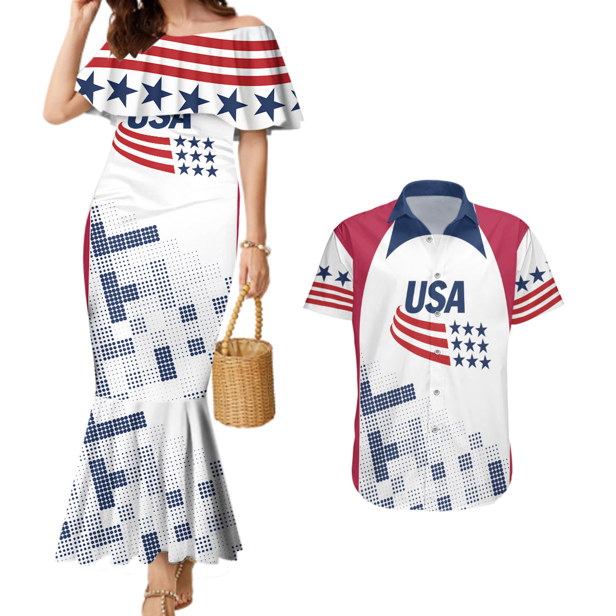 Personalized USA 2024 Soccer Couples Matching Mermaid Dress and Hawaiian Shirt The Stars and Stripes Go Champion - Wonder Print Shop