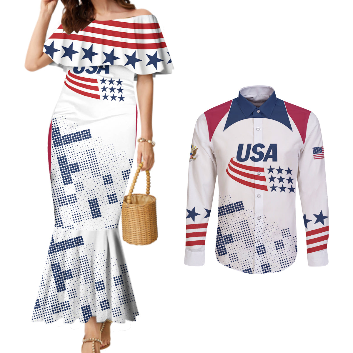 Personalized USA 2024 Soccer Couples Matching Mermaid Dress and Long Sleeve Button Shirt The Stars and Stripes Go Champion LT01