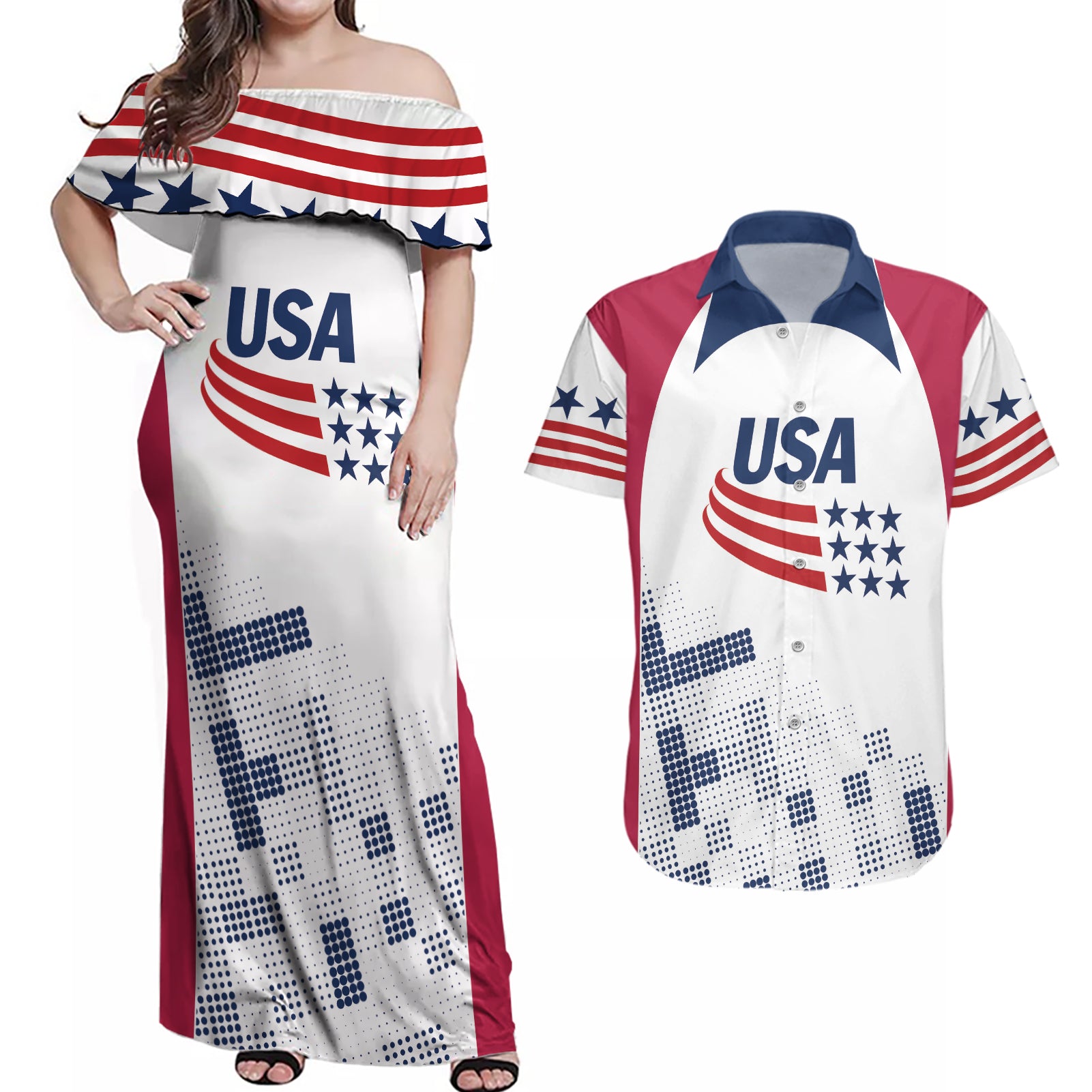 Personalized USA 2024 Soccer Couples Matching Off Shoulder Maxi Dress and Hawaiian Shirt The Stars and Stripes Go Champion - Wonder Print Shop