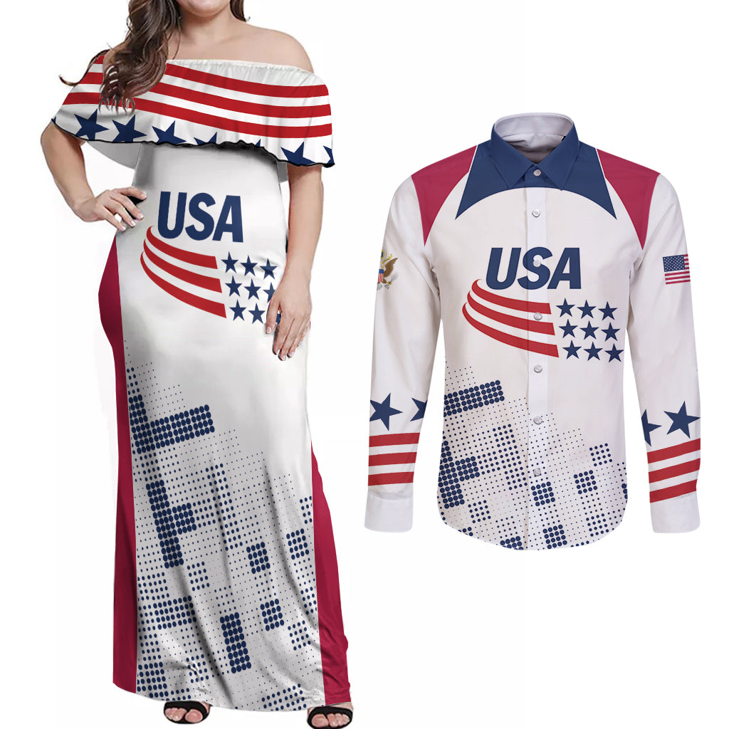 Personalized USA 2024 Soccer Couples Matching Off Shoulder Maxi Dress and Long Sleeve Button Shirt The Stars and Stripes Go Champion - Wonder Print Shop