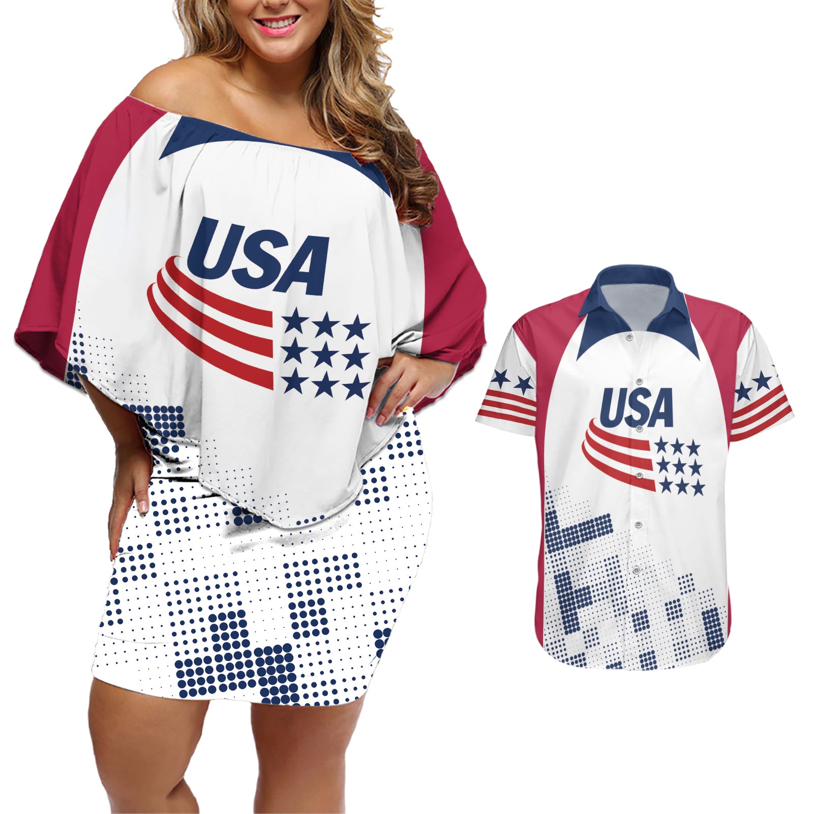 Personalized USA 2024 Soccer Couples Matching Off Shoulder Short Dress and Hawaiian Shirt The Stars and Stripes Go Champion - Wonder Print Shop