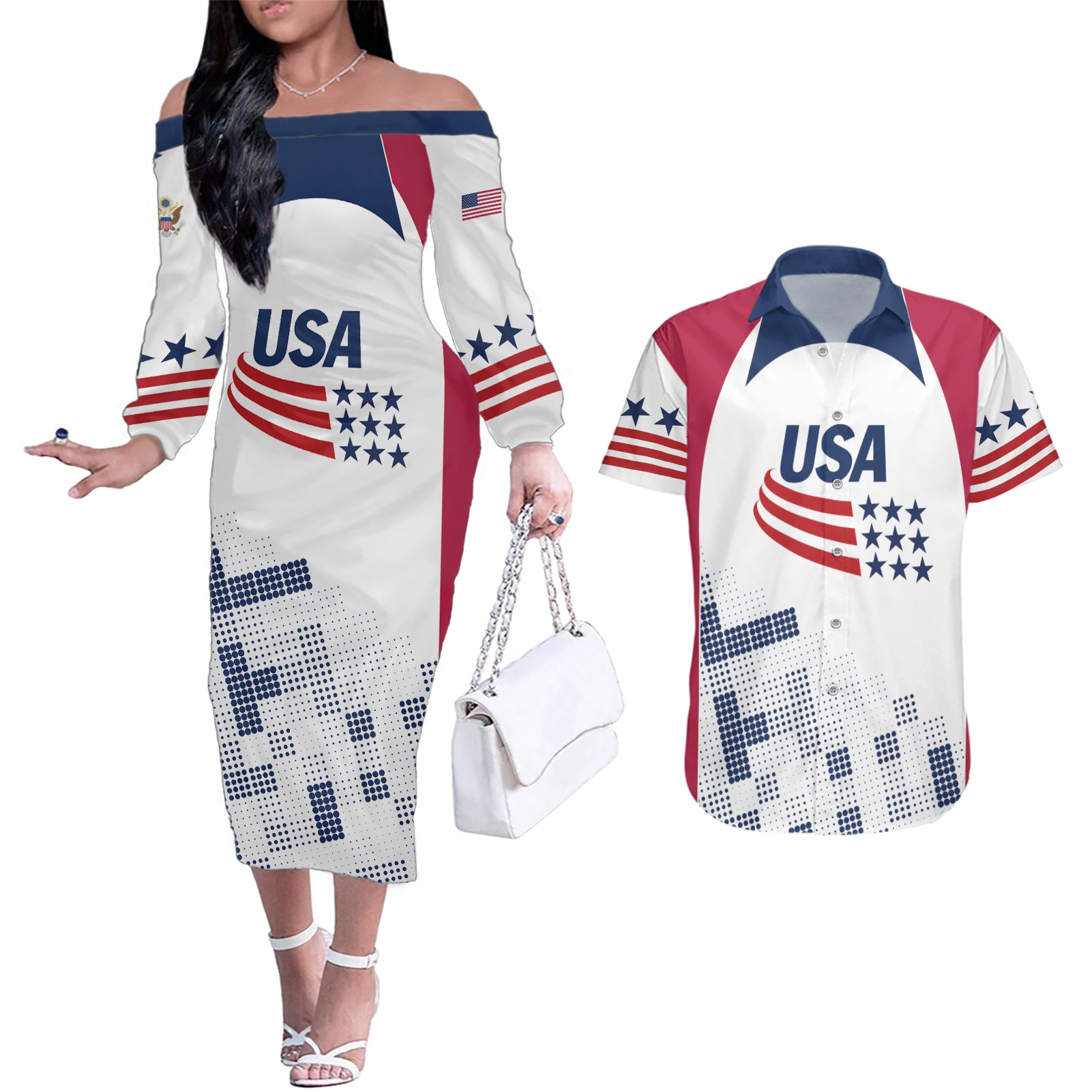 Personalized USA 2024 Soccer Couples Matching Off The Shoulder Long Sleeve Dress and Hawaiian Shirt The Stars and Stripes Go Champion - Wonder Print Shop