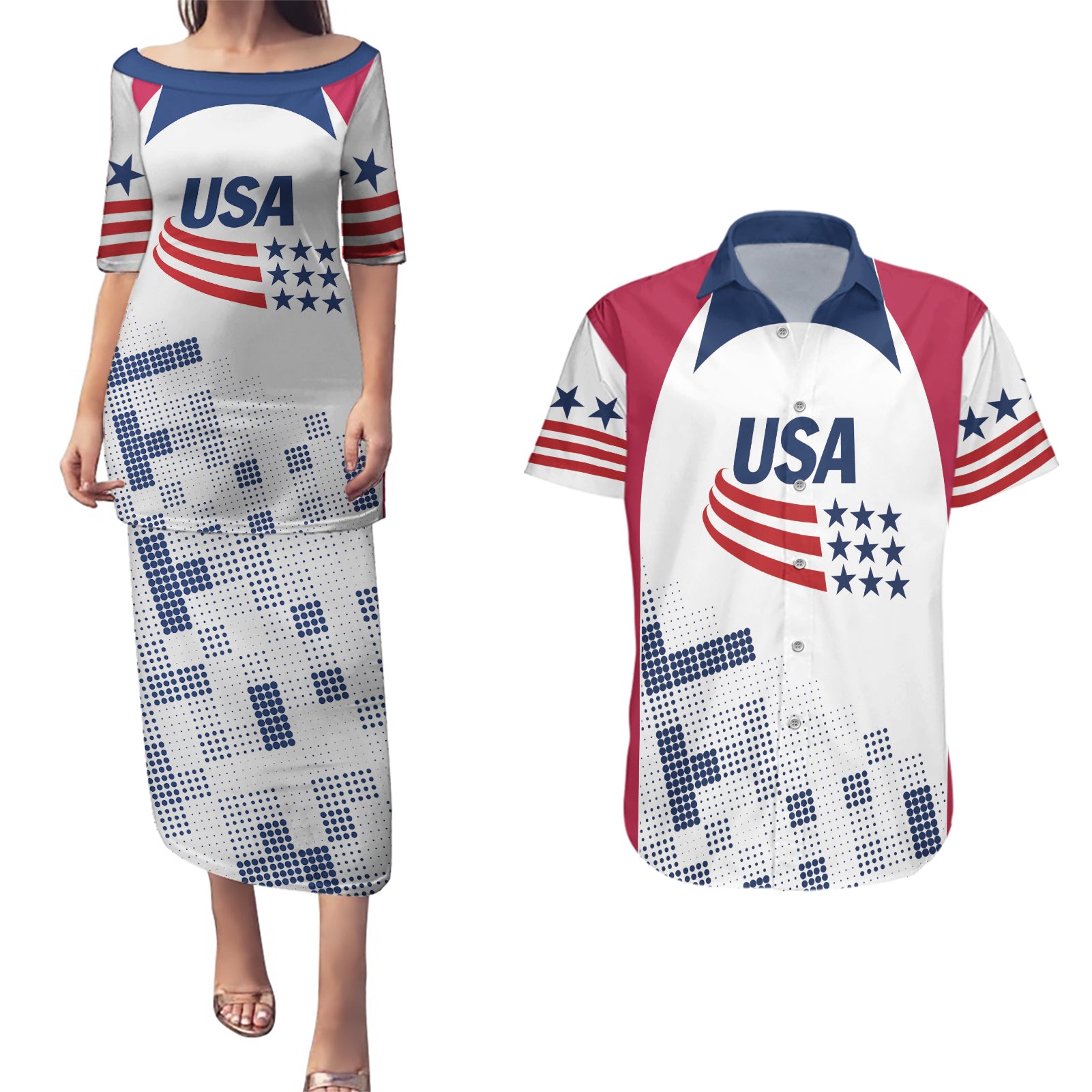 Personalized USA 2024 Soccer Couples Matching Puletasi and Hawaiian Shirt The Stars and Stripes Go Champion - Wonder Print Shop