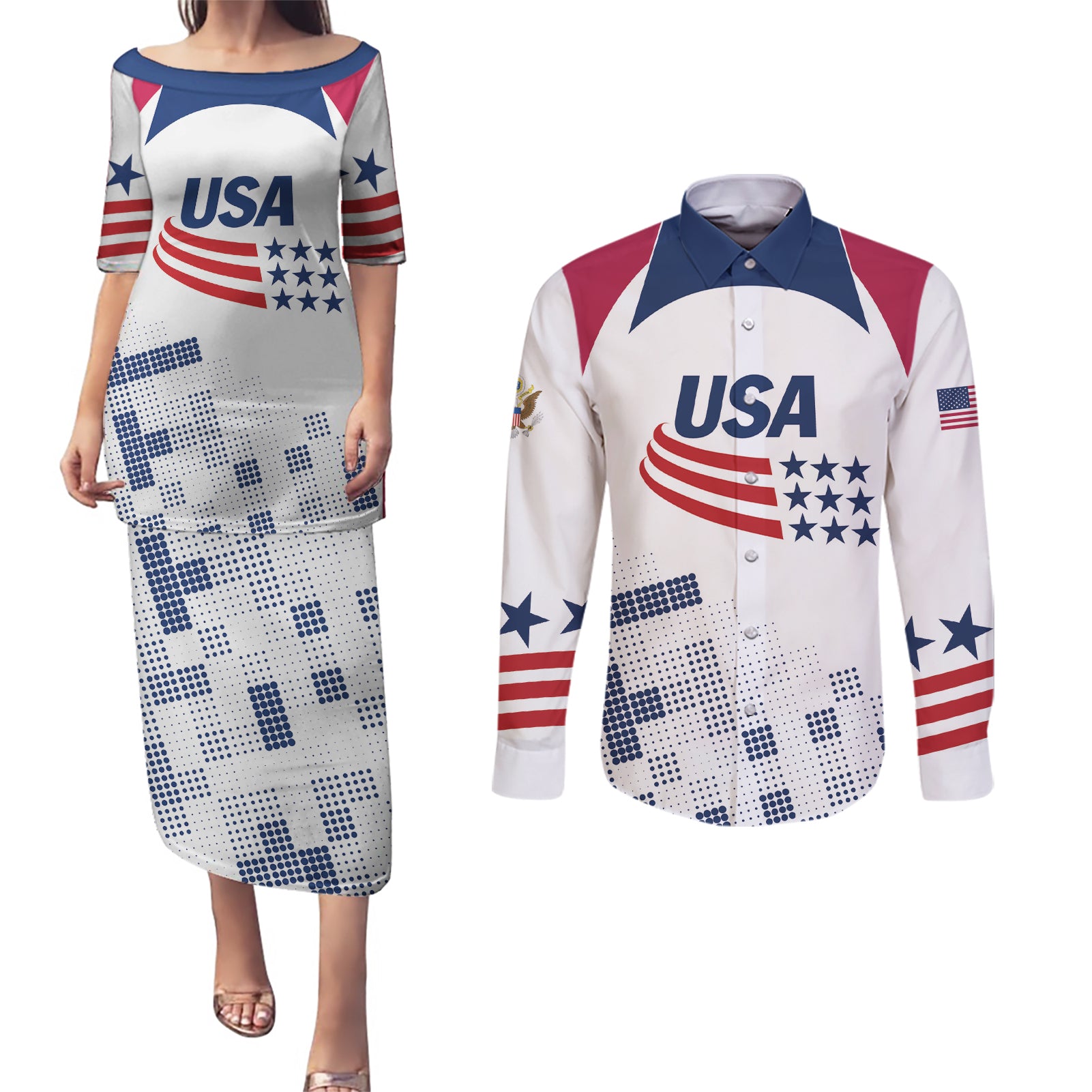 Personalized USA 2024 Soccer Couples Matching Puletasi and Long Sleeve Button Shirt The Stars and Stripes Go Champion - Wonder Print Shop