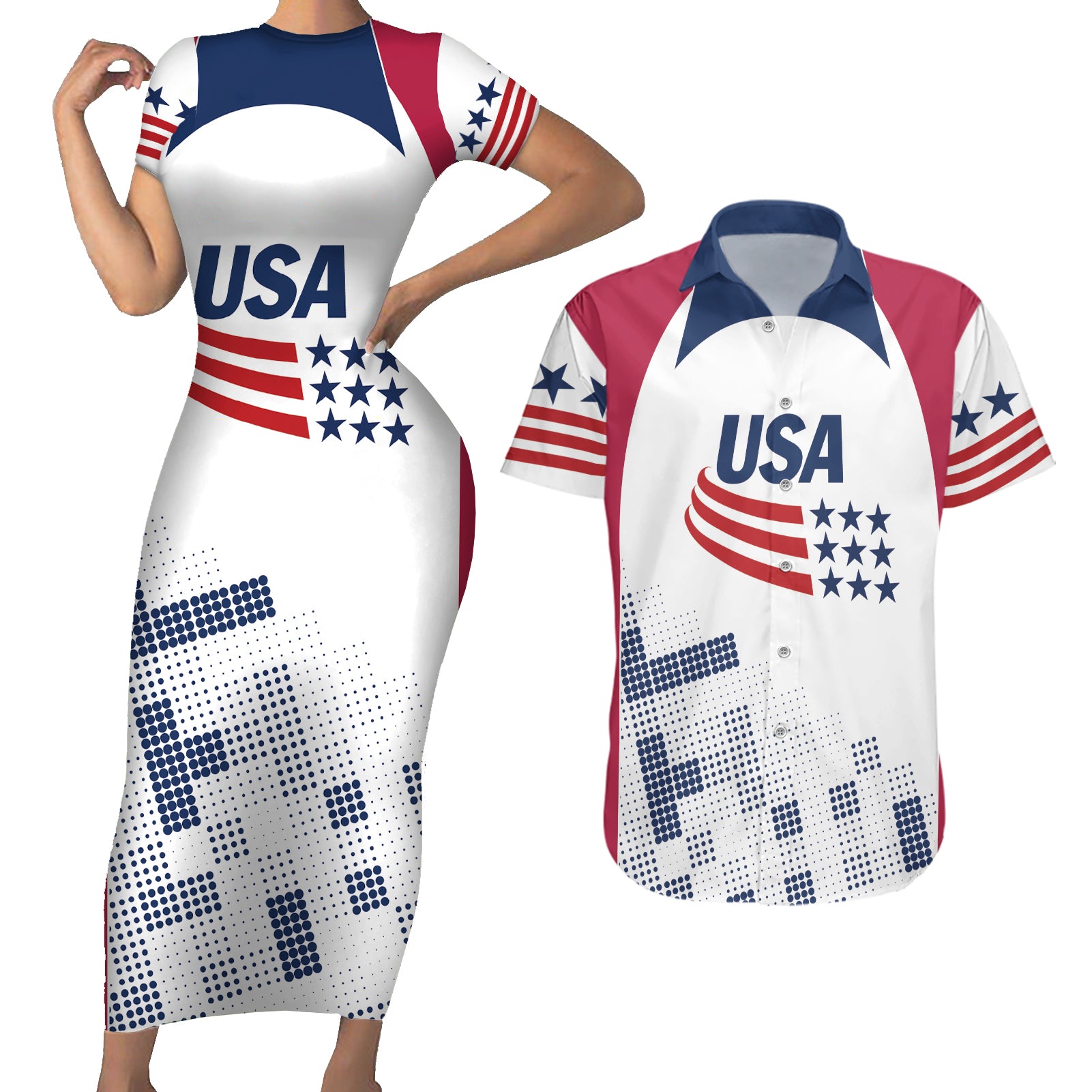 Personalized USA 2024 Soccer Couples Matching Short Sleeve Bodycon Dress and Hawaiian Shirt The Stars and Stripes Go Champion - Wonder Print Shop