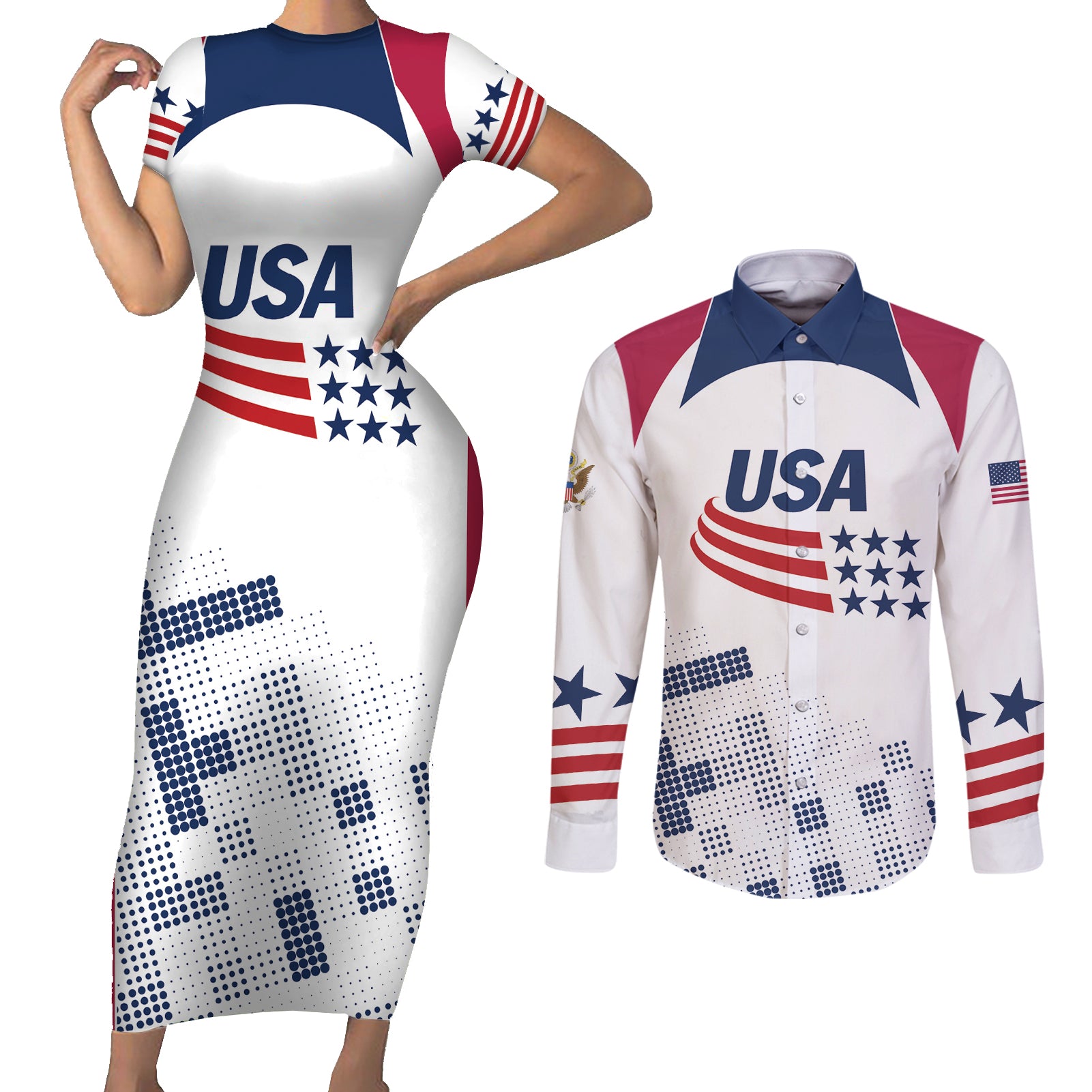 Personalized USA 2024 Soccer Couples Matching Short Sleeve Bodycon Dress and Long Sleeve Button Shirt The Stars and Stripes Go Champion - Wonder Print Shop