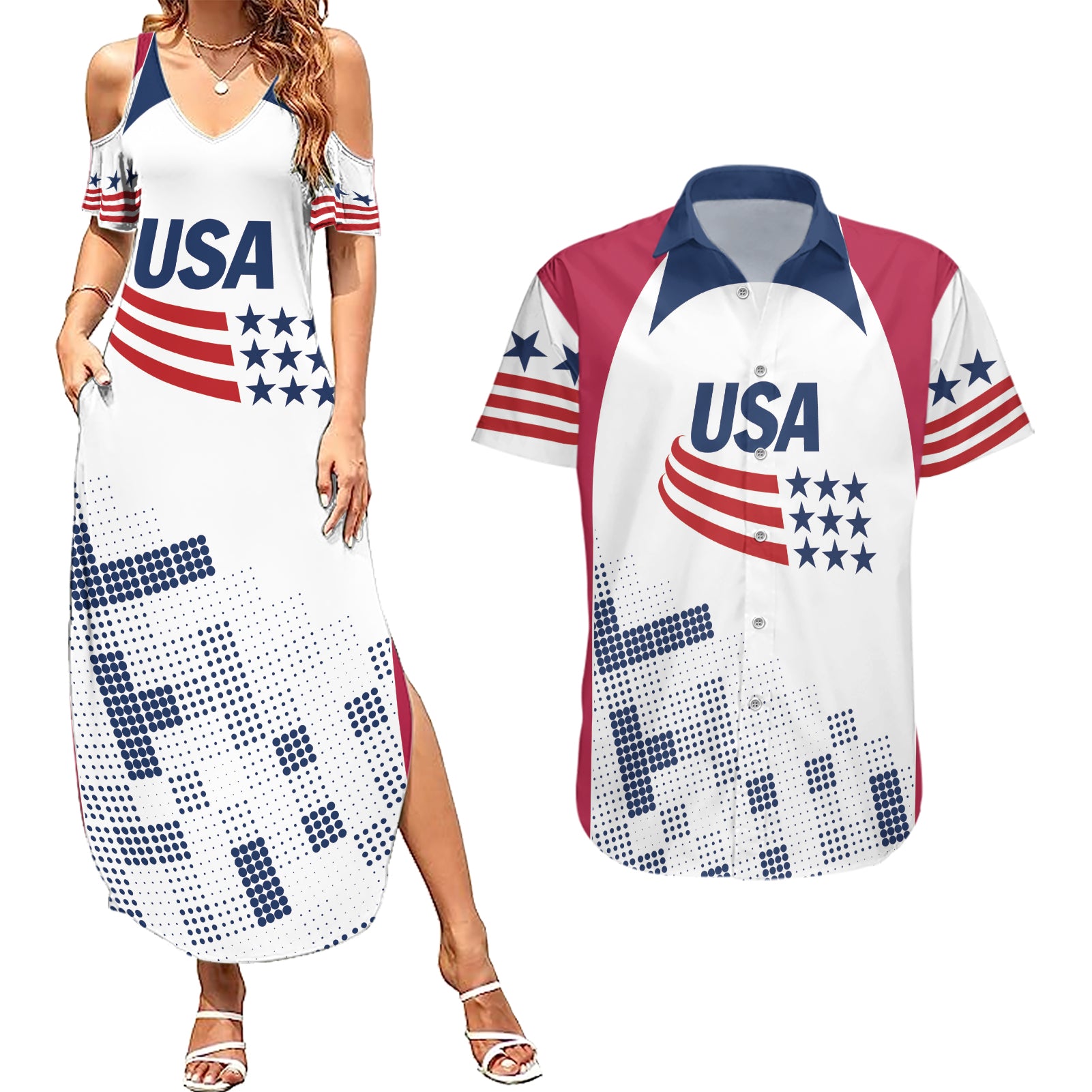 Personalized USA 2024 Soccer Couples Matching Summer Maxi Dress and Hawaiian Shirt The Stars and Stripes Go Champion - Wonder Print Shop