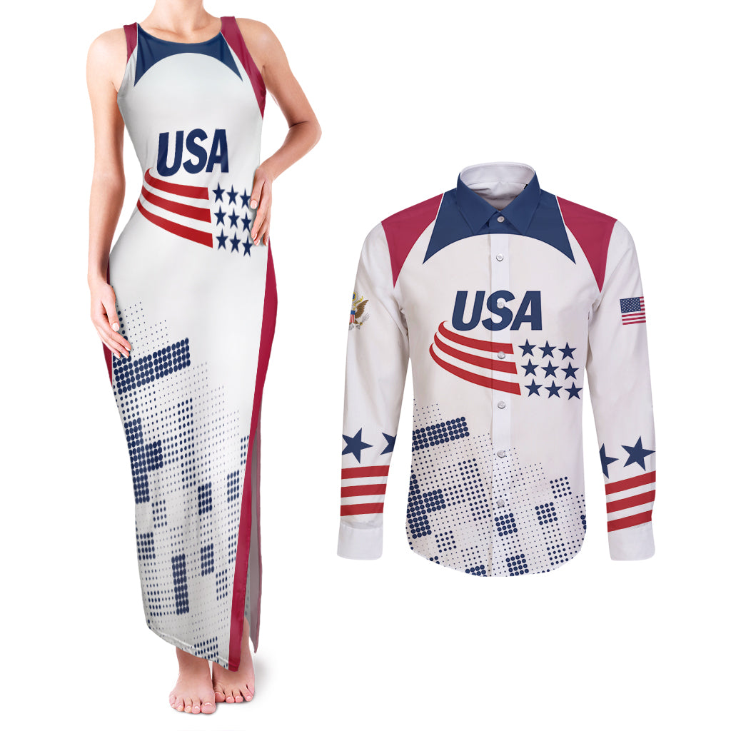 Personalized USA 2024 Soccer Couples Matching Tank Maxi Dress and Long Sleeve Button Shirt The Stars and Stripes Go Champion - Wonder Print Shop