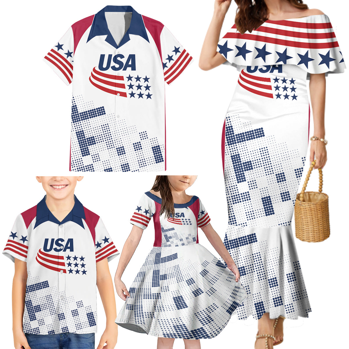 Personalized USA 2024 Soccer Family Matching Mermaid Dress and Hawaiian Shirt The Stars and Stripes Go Champion - Wonder Print Shop