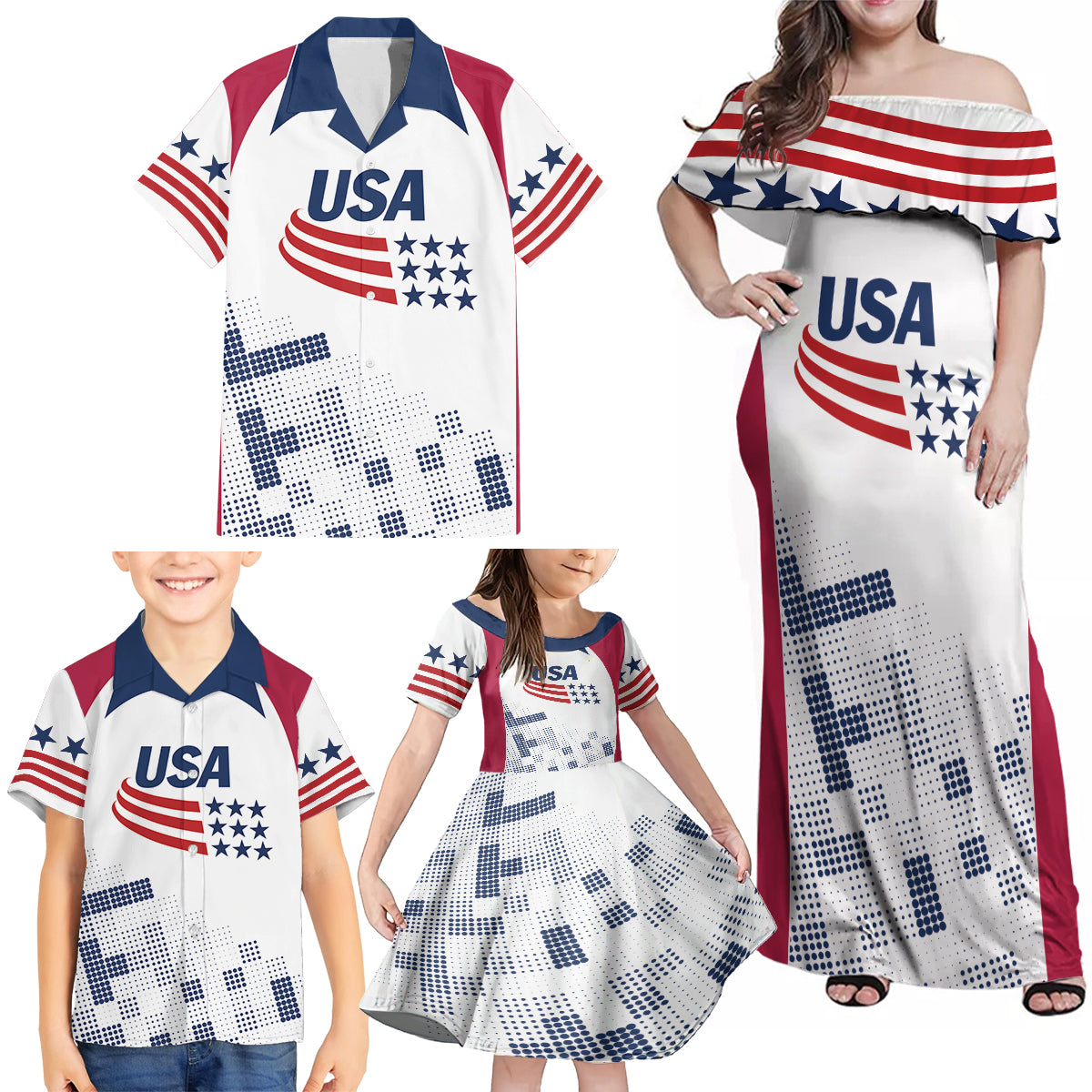 Personalized USA 2024 Soccer Family Matching Off Shoulder Maxi Dress and Hawaiian Shirt The Stars and Stripes Go Champion - Wonder Print Shop