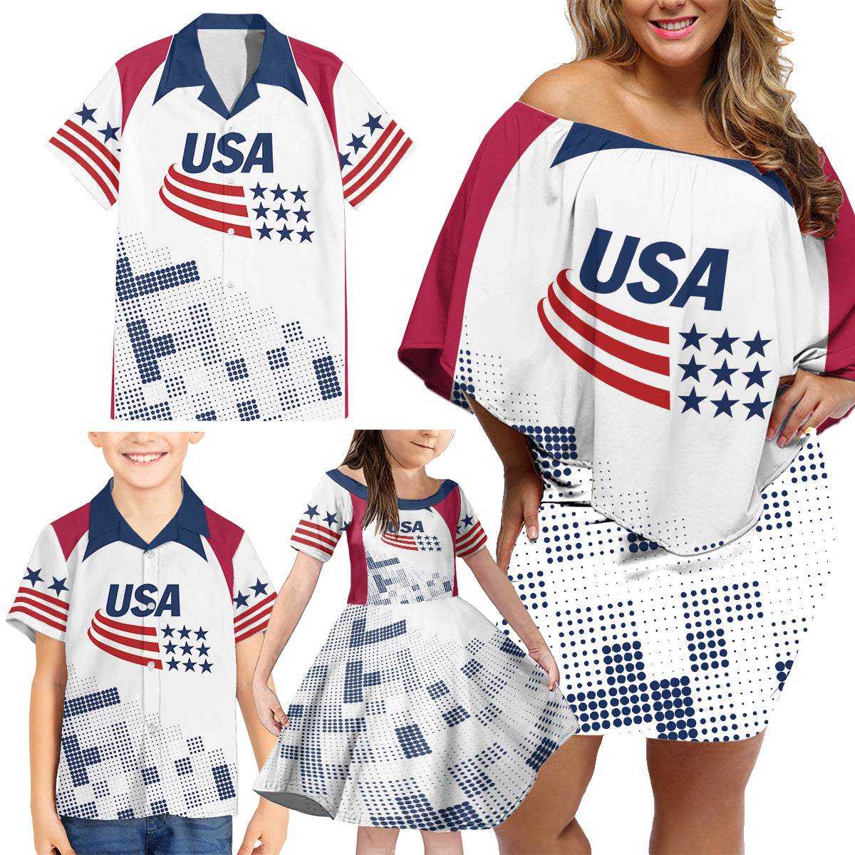 Personalized USA 2024 Soccer Family Matching Off Shoulder Short Dress and Hawaiian Shirt The Stars and Stripes Go Champion - Wonder Print Shop