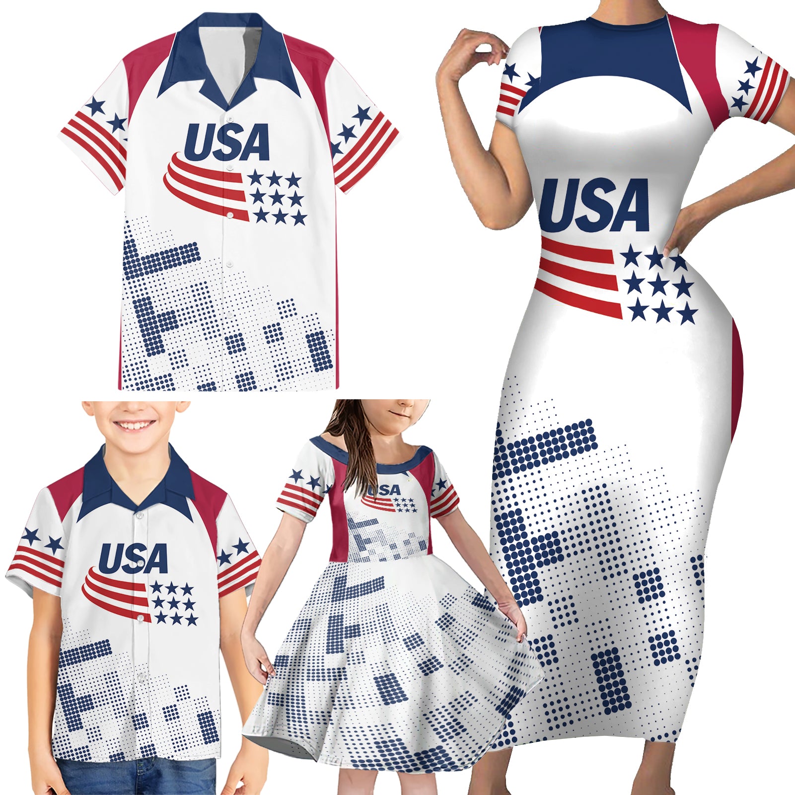 Personalized USA 2024 Soccer Family Matching Short Sleeve Bodycon Dress and Hawaiian Shirt The Stars and Stripes Go Champion - Wonder Print Shop