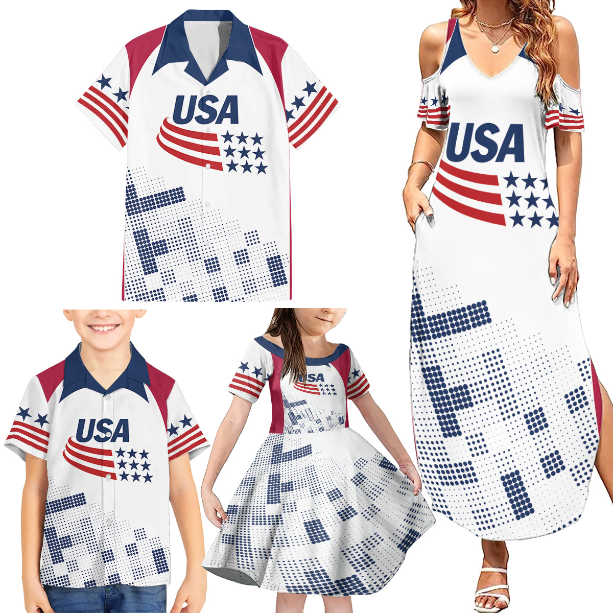 Personalized USA 2024 Soccer Family Matching Summer Maxi Dress and Hawaiian Shirt The Stars and Stripes Go Champion - Wonder Print Shop