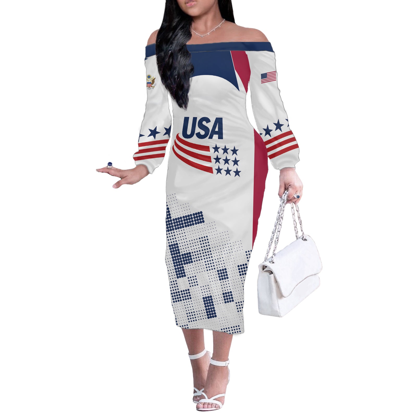 Personalized USA 2024 Soccer Off The Shoulder Long Sleeve Dress The Stars and Stripes Go Champion - Wonder Print Shop