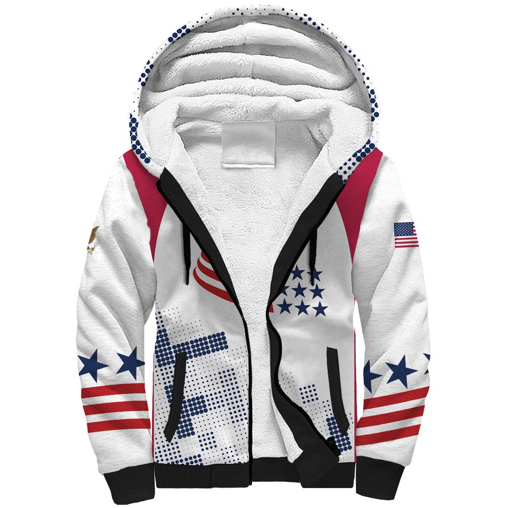 White unisex sherpa zip hoodie with hood and USA stars-and-stripes soccer graphic