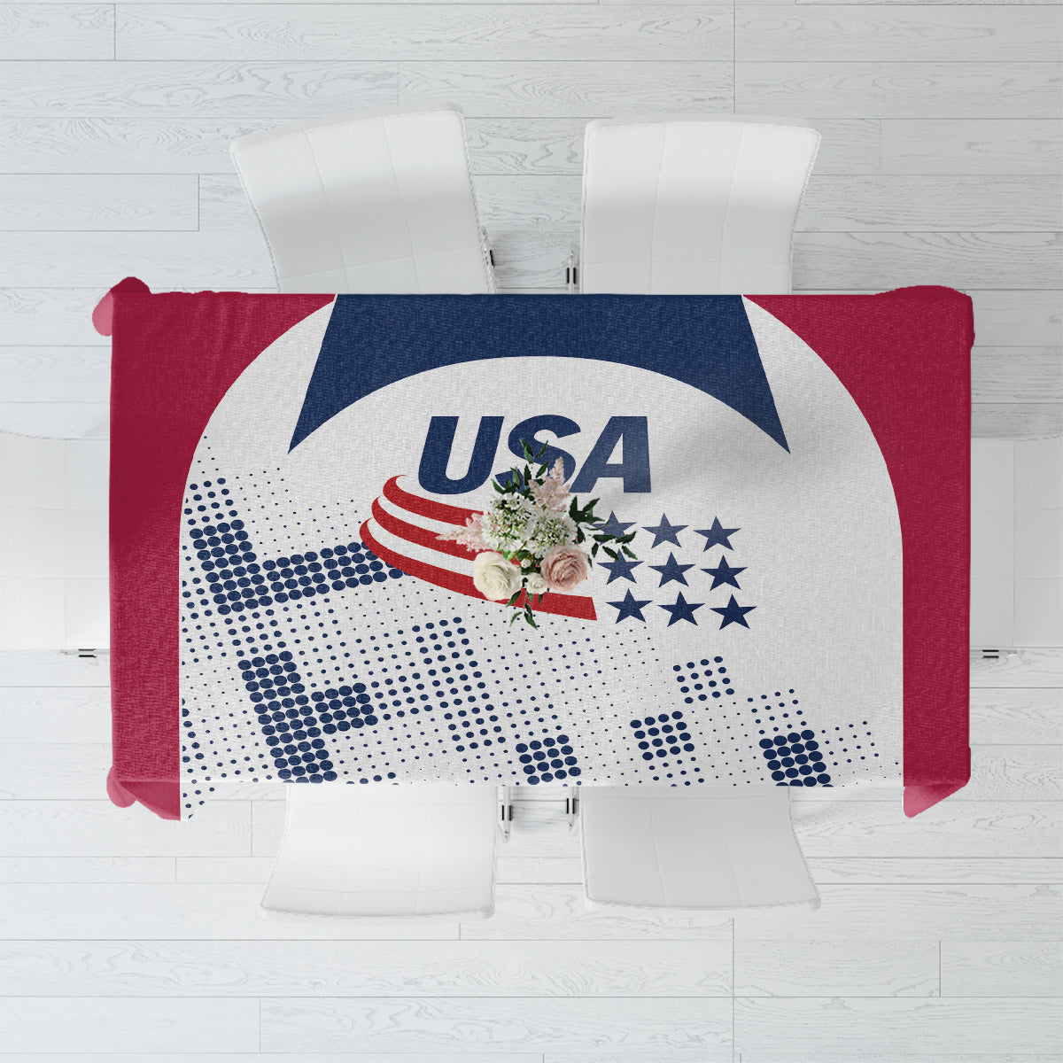 Soccer tablecloth flat lay with central USA-style graphic, blue dots, and maroon borders