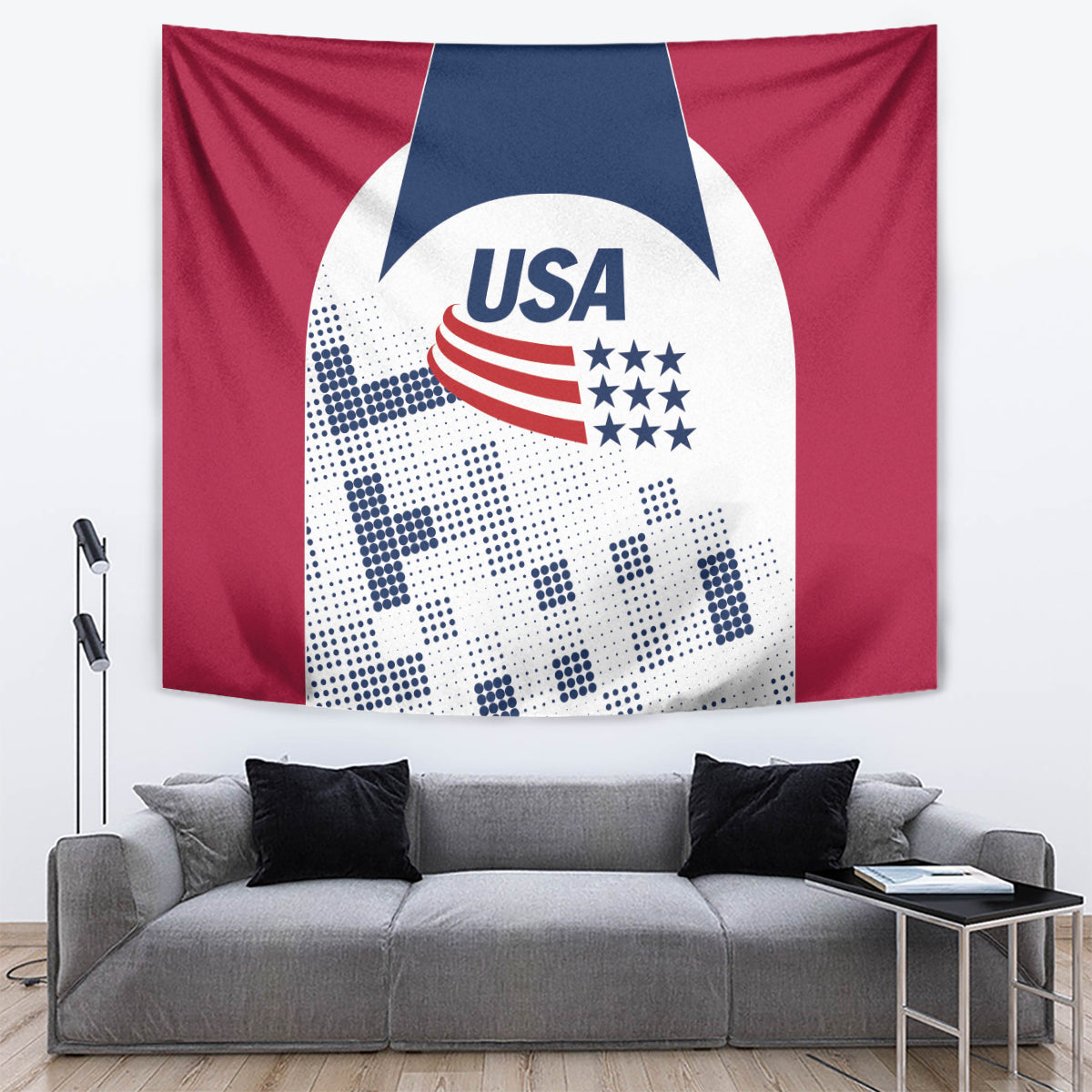USA soccer tapestry wall hanging with USA emblem and dotted stars over red background