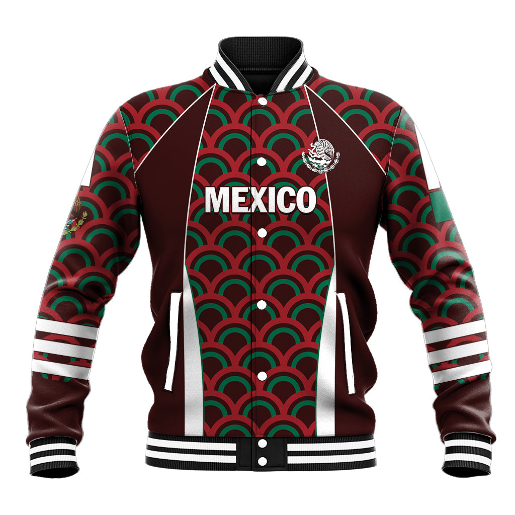 Personalized Mexico baseball jacket, front MEXICO text and crest; varsity snap buttons