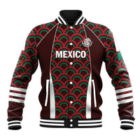 Personalized Mexico baseball jacket, front MEXICO text and crest; varsity snap buttons