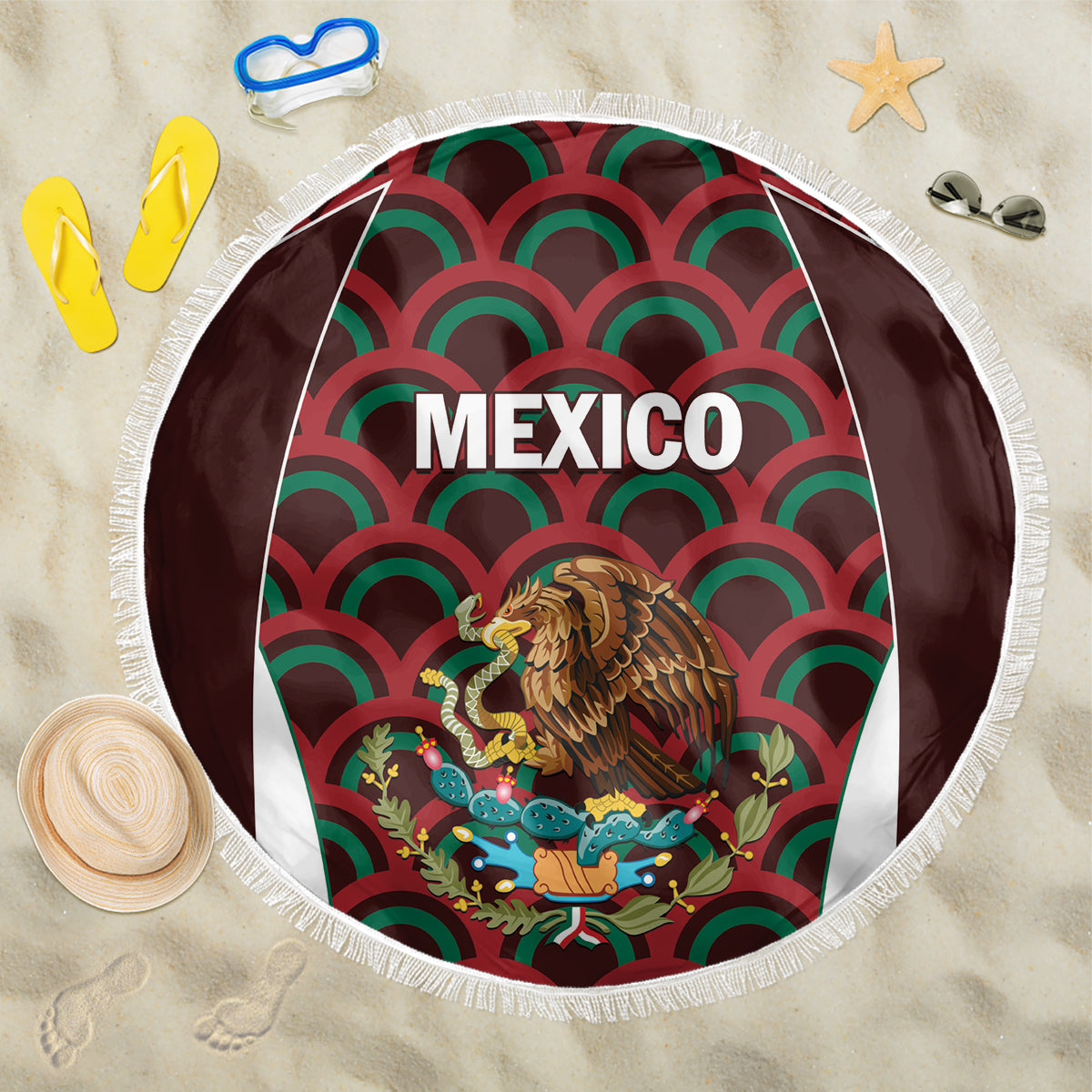 Round fringed blanket laid flat with Mexico wordmark and eagle in red-green pattern